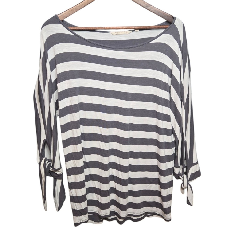 Soft Surroundings Tunic Top Womens M Gray White Adrift Nautical Striped Boatneck